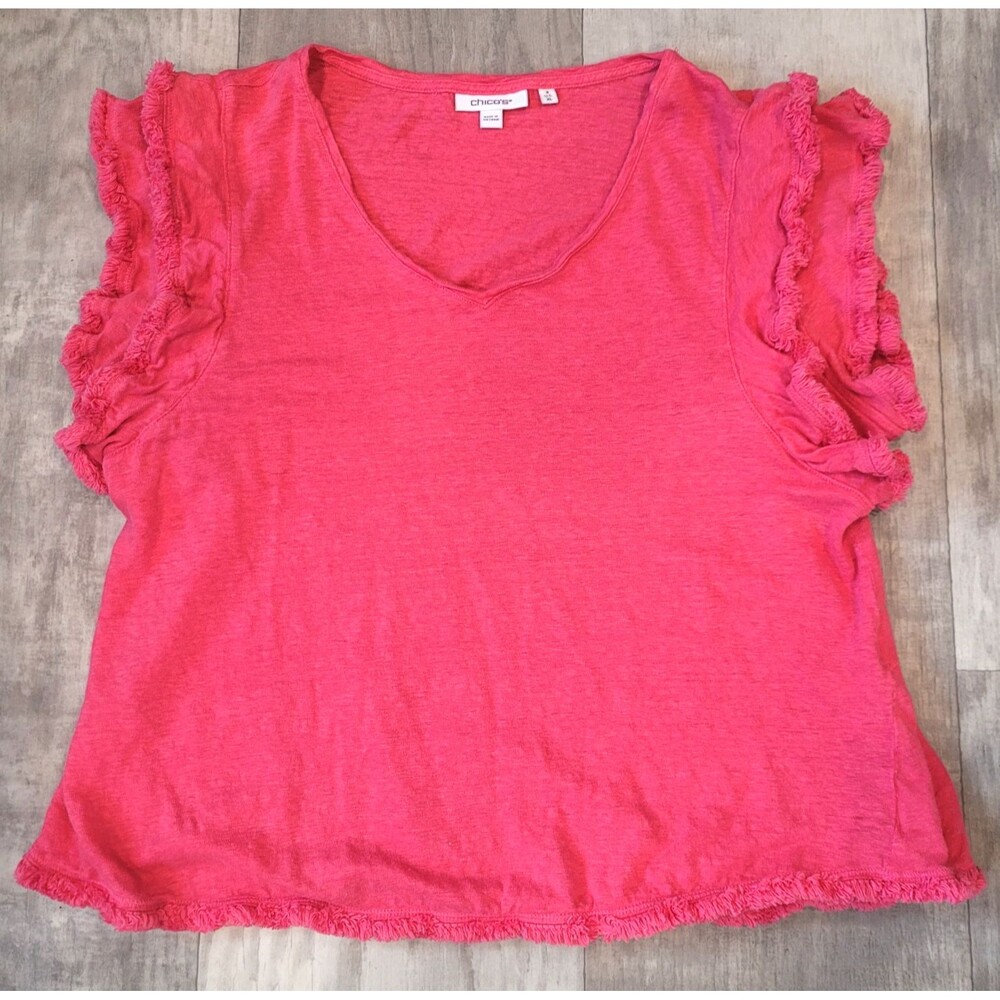 Chico's Pink 100% Linen Flutter Sleeve Top Size 3 (XL) V-Neck Fringe Hems